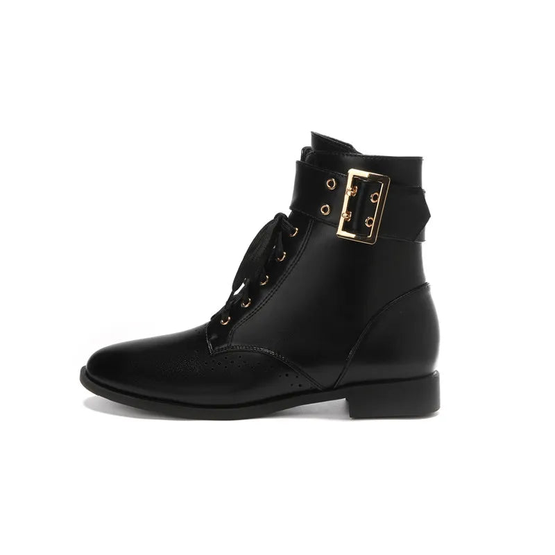 Women's Black Lace-Up Heel Buckle Boots