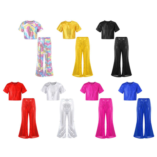 Shiny Metallic Costume Tops + Flared Pants Assorted Colors Set