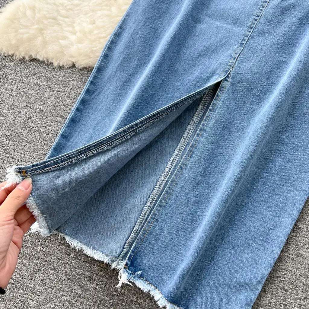 Denim Lapel Cropped Coat + Full-Length Skirt 2pc Set