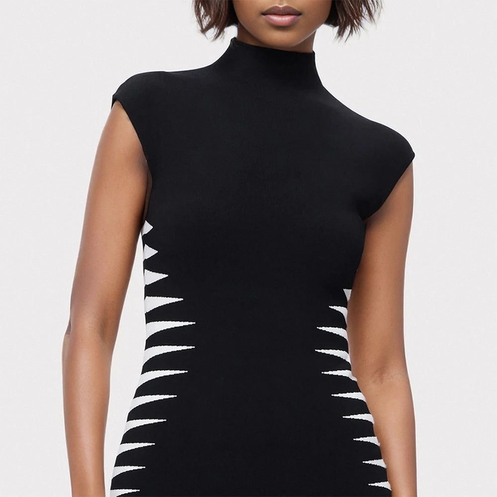 Stretch Black|White Striped Sleeveless Midi Dress