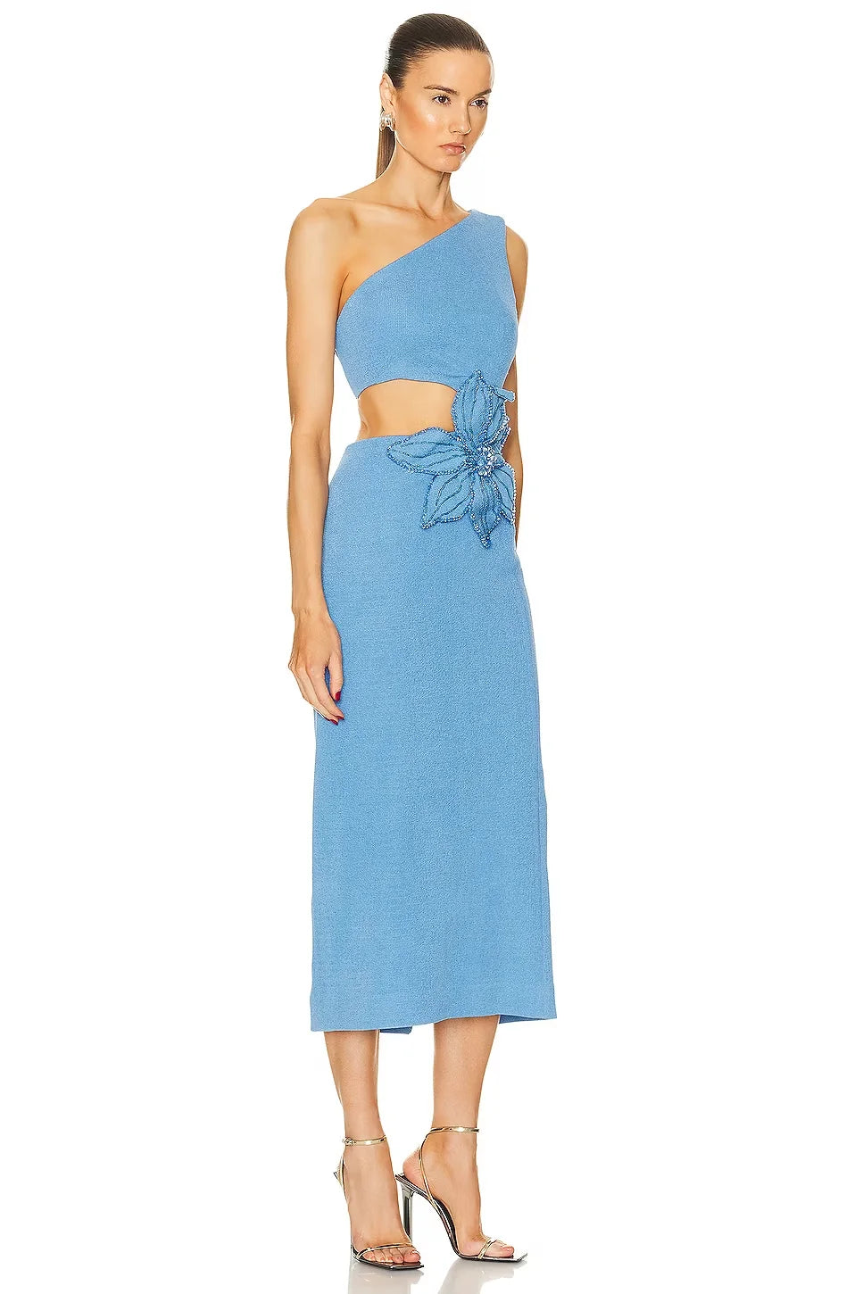 Sky Blue Asymmetrical Shoulder Hollow Out Bodycon Midi Dress