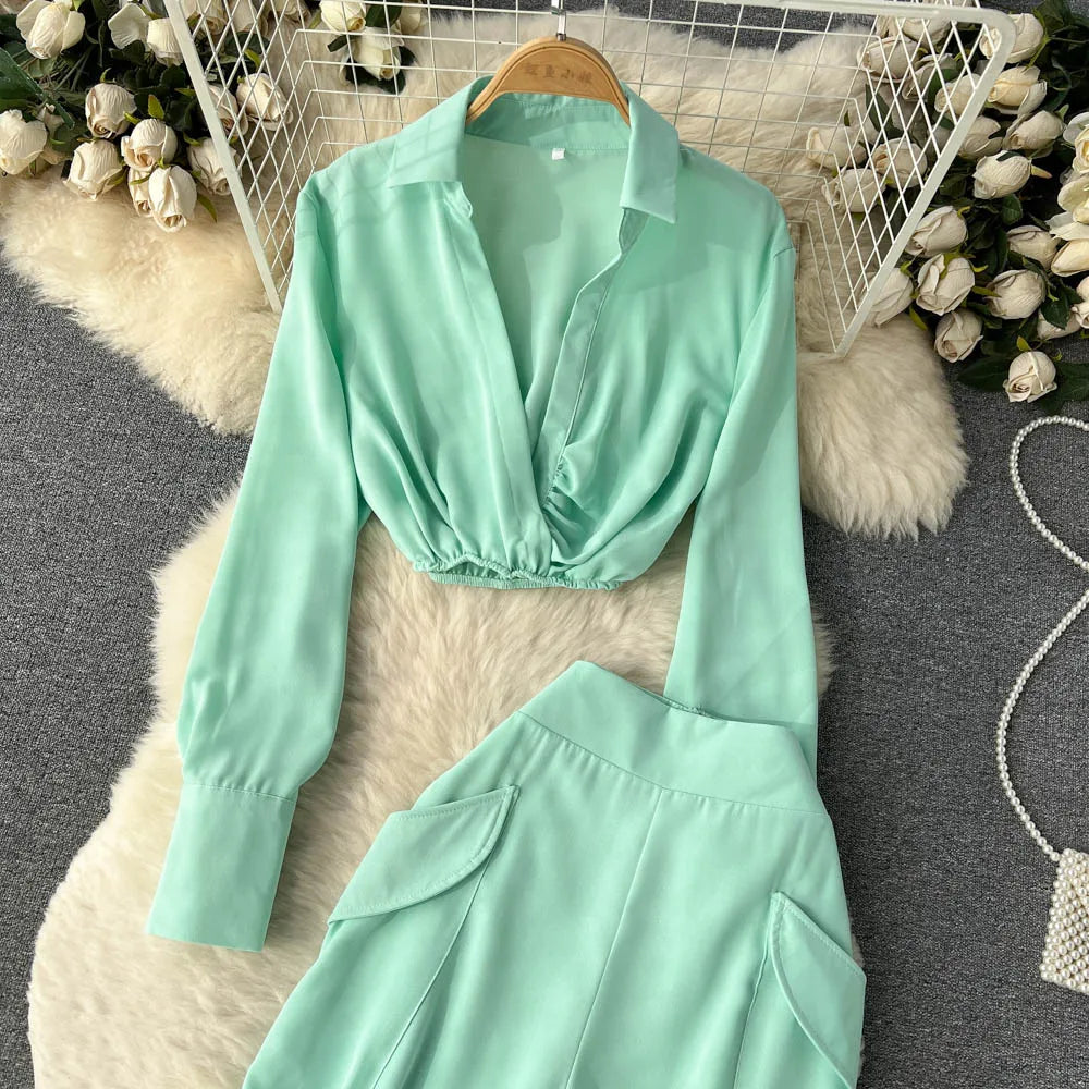 Lapel Neck Blouse + Pocket Wide Leg Long Pants Assorted Colors 2pc Set