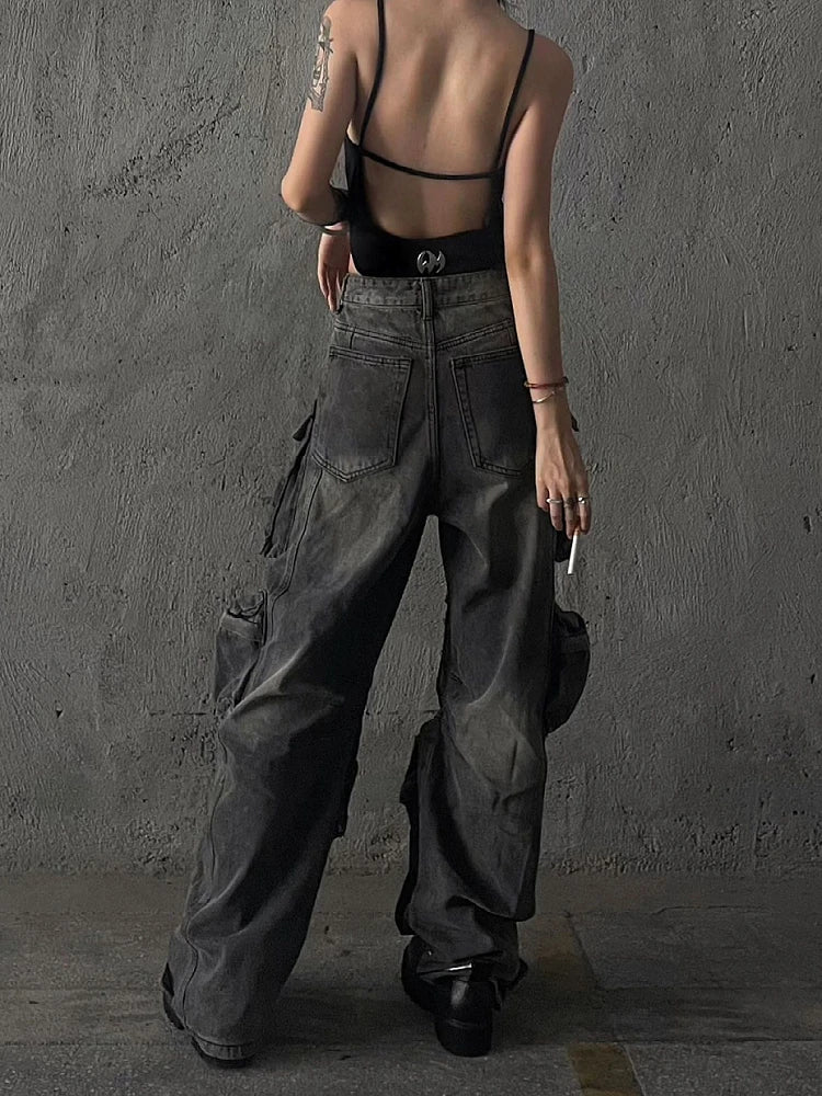 BLK Baggy Y2K Goth Punk Denim Cargo Stacked Jean Wide Leg Pants