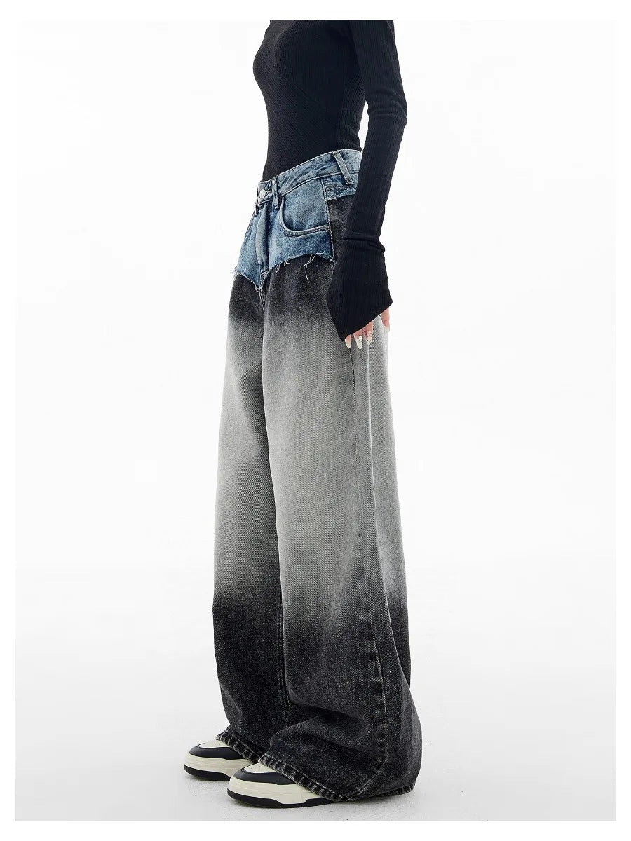 Women's Retro Two-Tone Wide Leg Baggy Denim Trousers