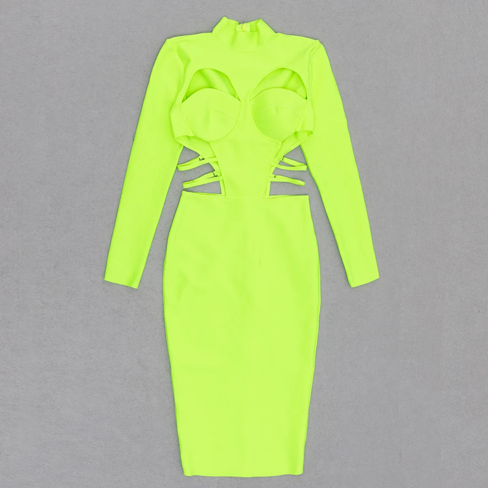 LIME Bandage Dress Sexy Hollow Out Bodycon Pencil Dress