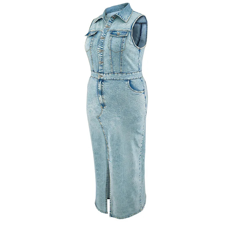 Plus Size Denim Sleeveless Split Collar Slit Jean Dress