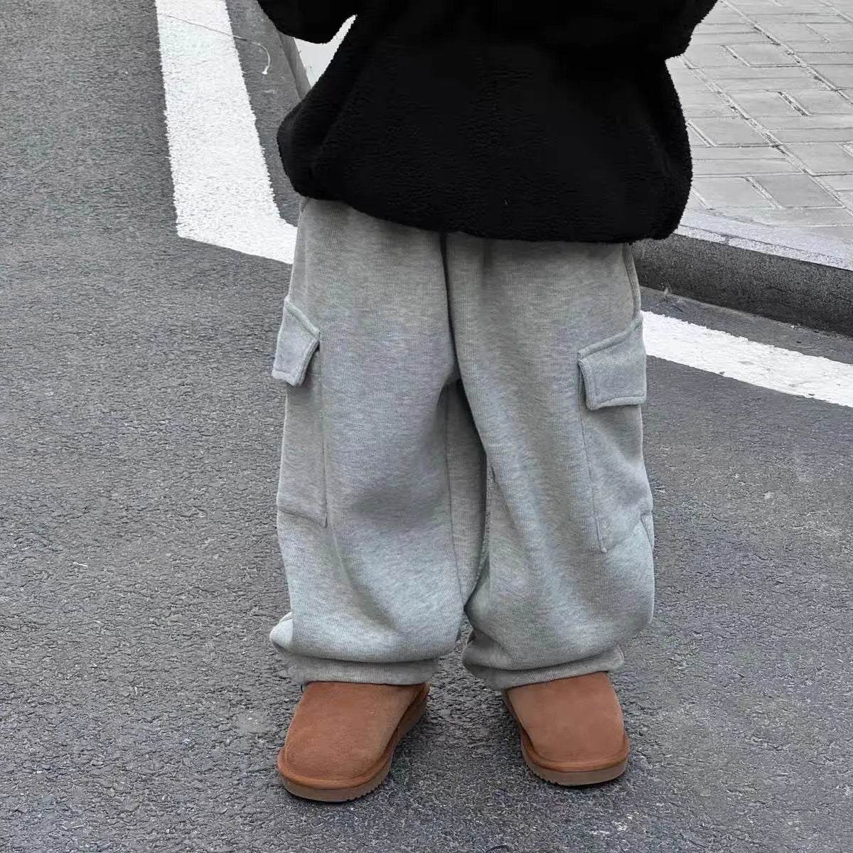 Plush Kids Thickened Boys BLK + GREY Sweatpants