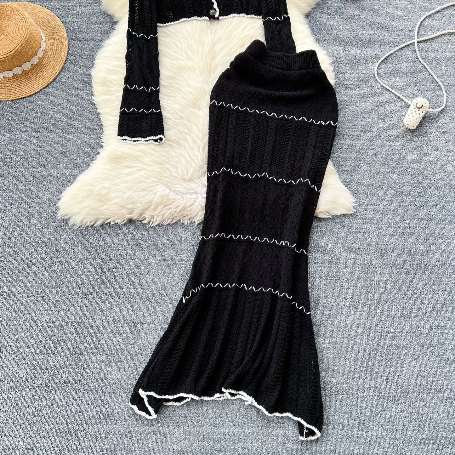 One-Size Knitted Short Cardigan Top + Slim Fishtail Skirt 2pc Suit