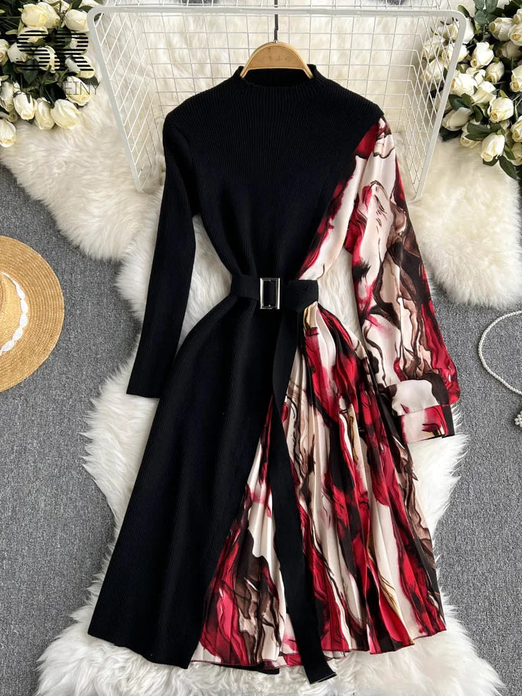 Retro Pleated Knit Patchwork Stand Neck Long Sleeve Belt Dress