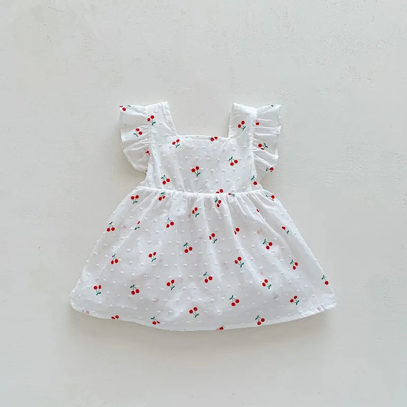 WHITE Cherry Princess Fly Sleeve Romper Newborn-2Y