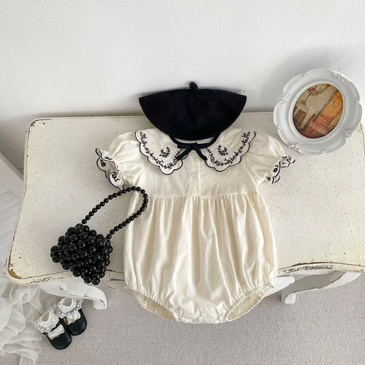 WHITE Collared Bow Short Sleeve Peter Pan One-Piece Bodysuit