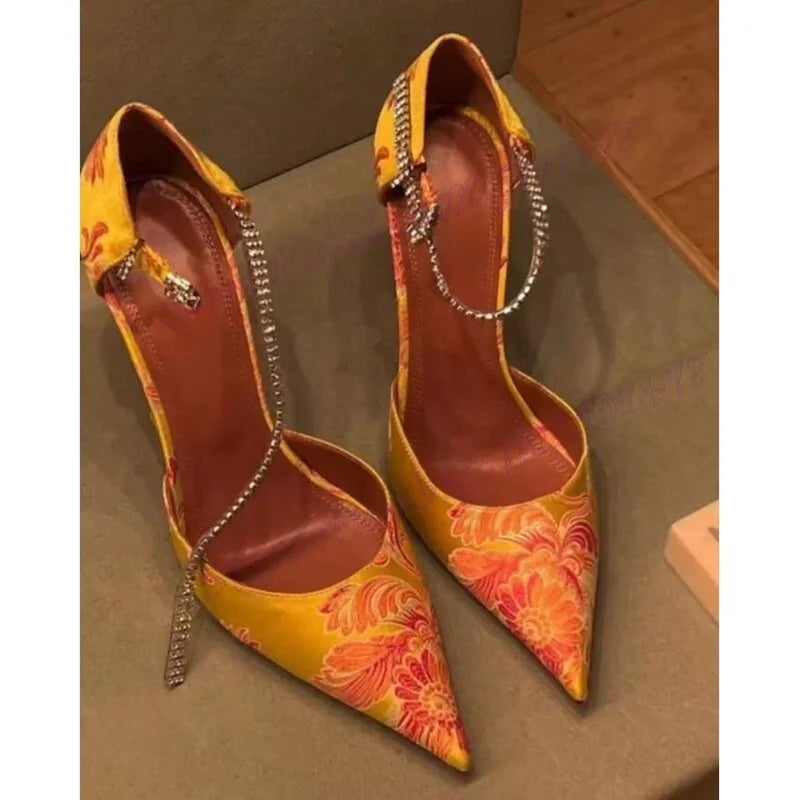 Orange Stiletto Embroidery Crystal Back Strap Pointed Toe Pumps