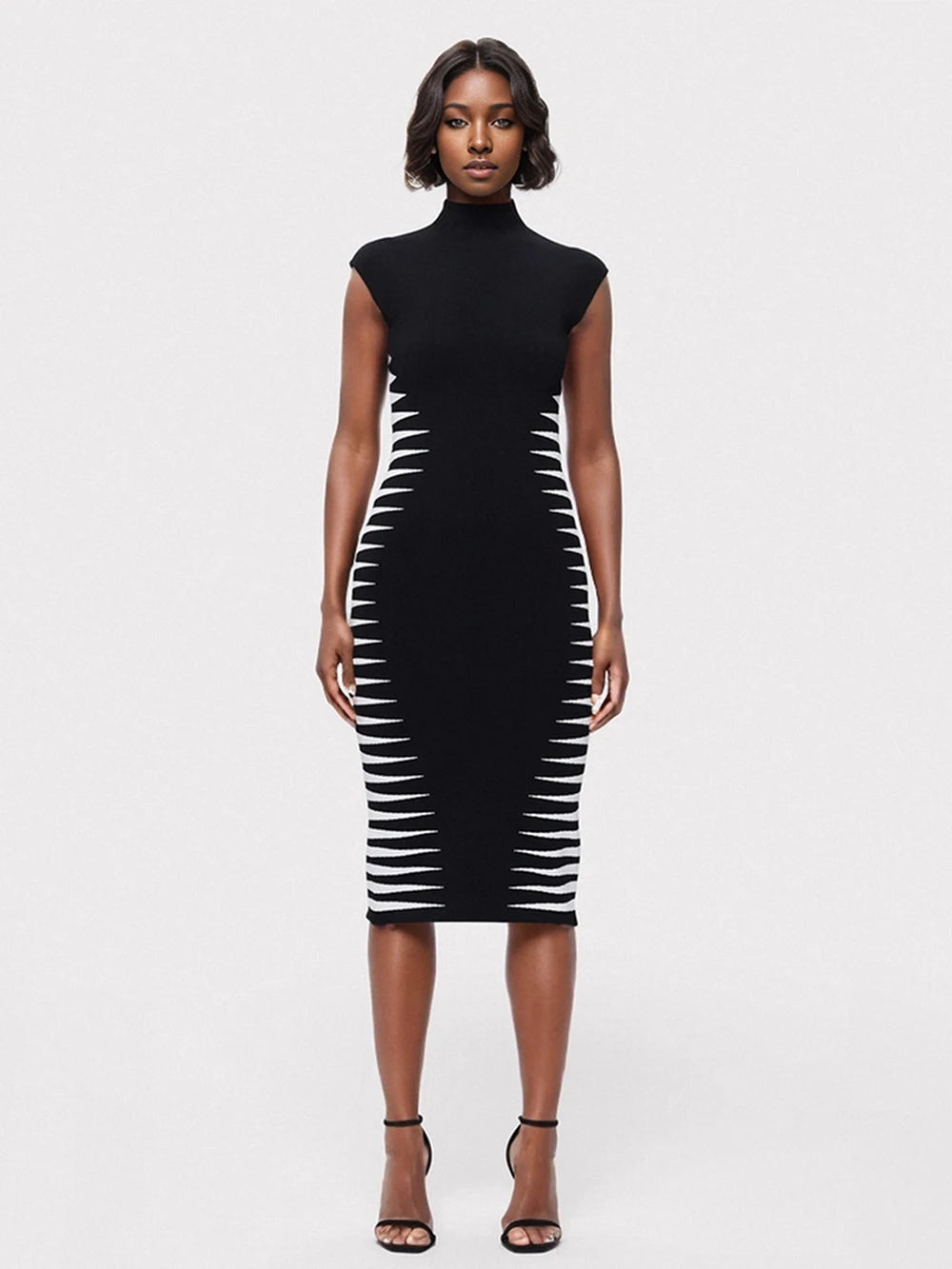 Stretch Black|White Striped Sleeveless Midi Dress