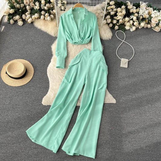 Lapel Neck Blouse + Pocket Wide Leg Long Pants Assorted Colors 2pc Set