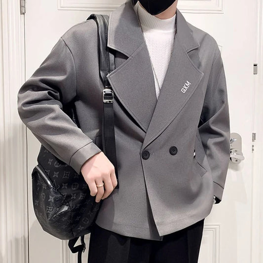 Cropped Oversize Double Breasted Gray + BLK Men's Trench Coat