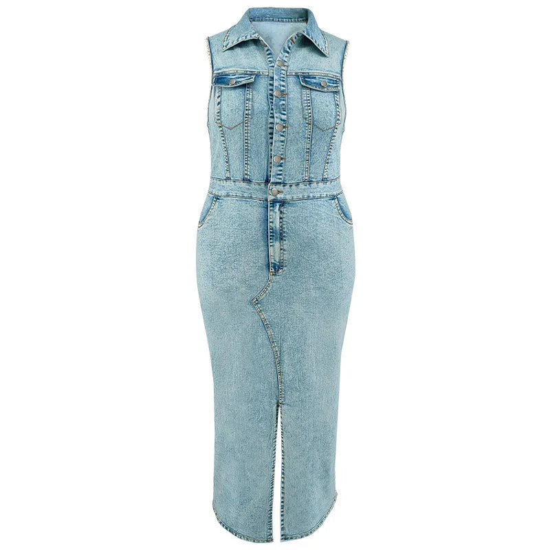 Plus Size Denim Sleeveless Split Collar Slit Jean Dress