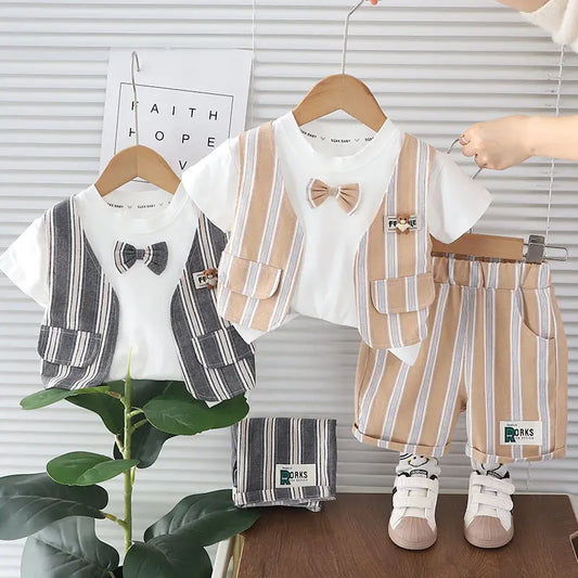 Boys Bow Tie Patchwork Shirt Short Pants 2pc Set