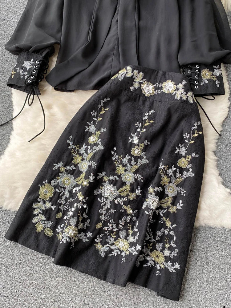 BLK Collar Bow Puff Sleeve Top + Floral Print Skirt Suit