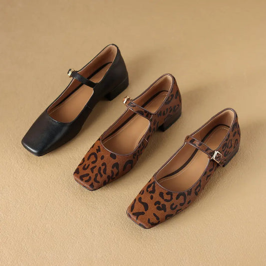 BLK + Leopard Square Toe Genuine Leather Buckle Strap Low Thick Casual Heel