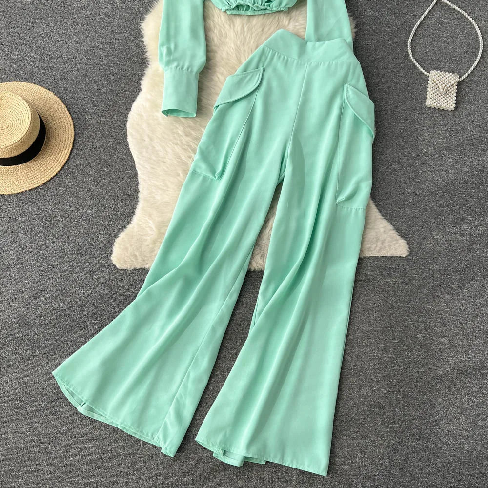 Lapel Neck Blouse + Pocket Wide Leg Long Pants Assorted Colors 2pc Set