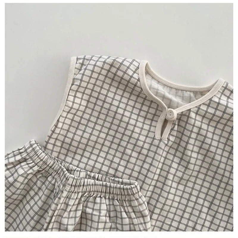 Lattice Baby Sleeveless Vest + Shorts T-shirt Pajamas 2pc Sets