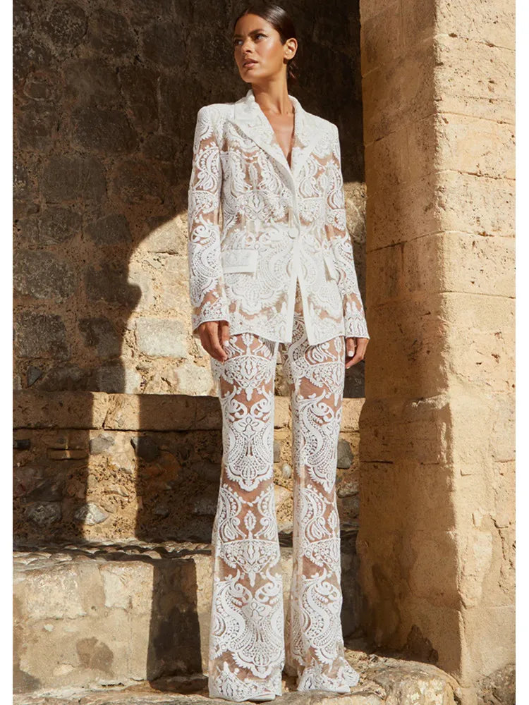 White Lace Embroidery Long Sleeve Blazer + Flare Pants 2pc Set