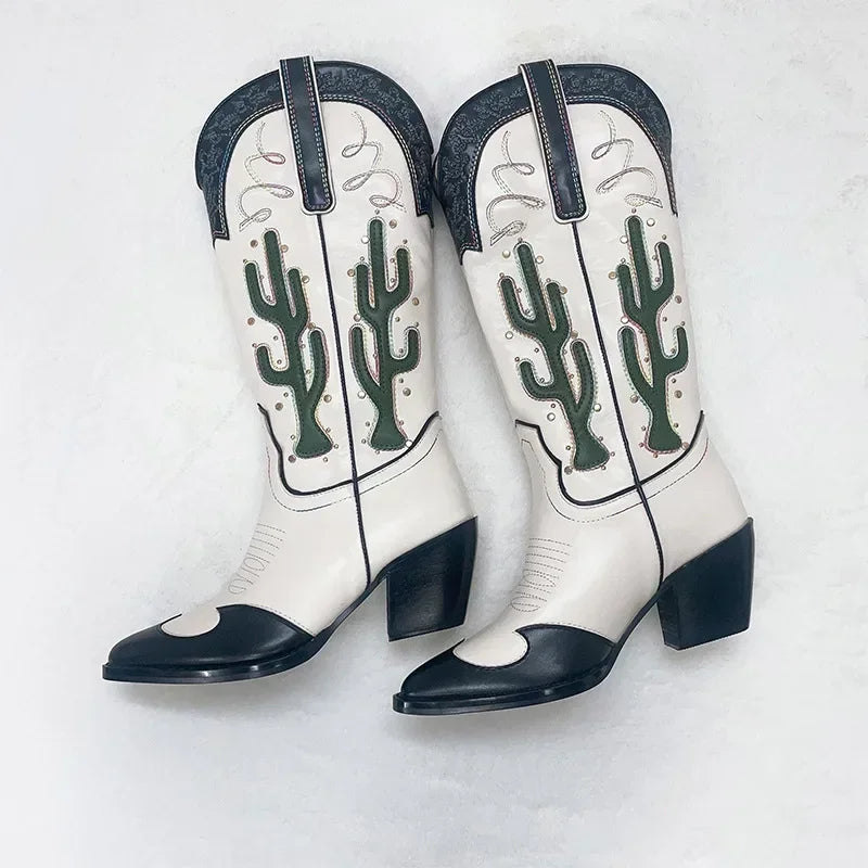 Vintage Cactus Embroidery Western Cowgirl Pointed Toe Boots