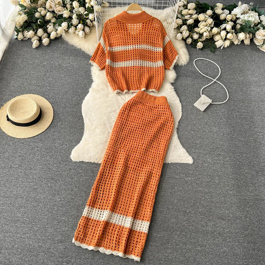 Bohemian Knit Loose Top + Long Skirt 2pc Assorted Colors Sets