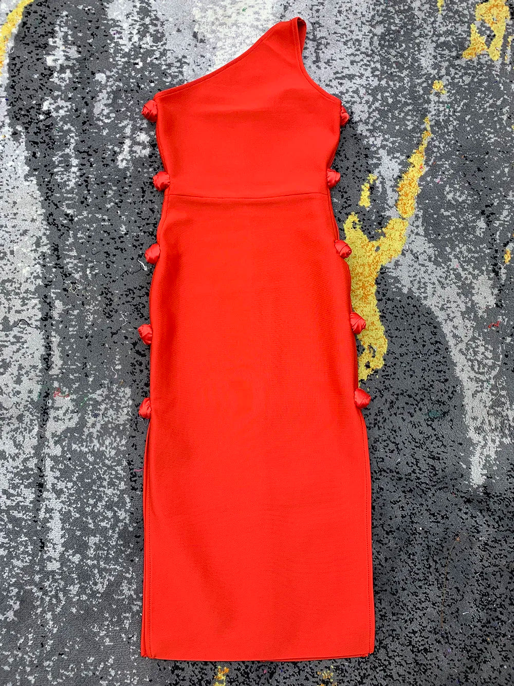 Red Diagonal Shoulder Sleeveless Flower Hollow Out High Split Bodycon Dress