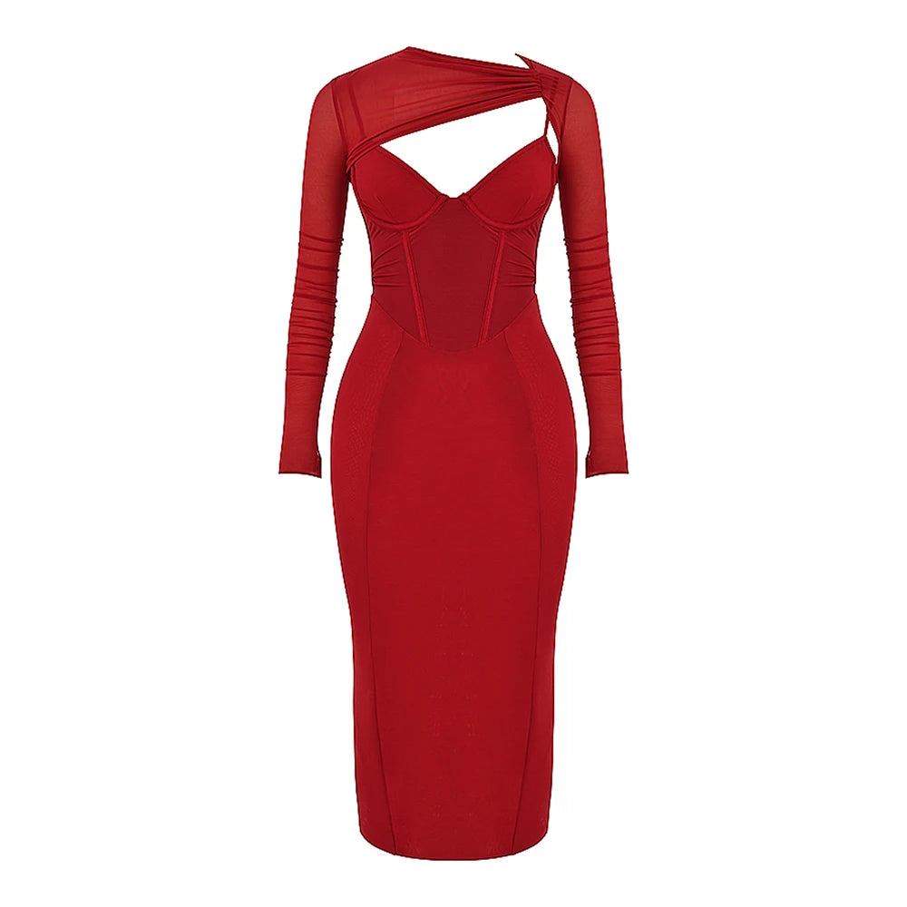 Red Wine Hollow Out Bandage Bodycon Dress