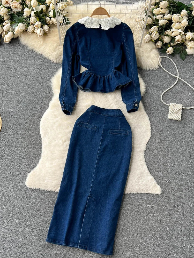 Lace Flower BLUE Denim Skirt 2pc set