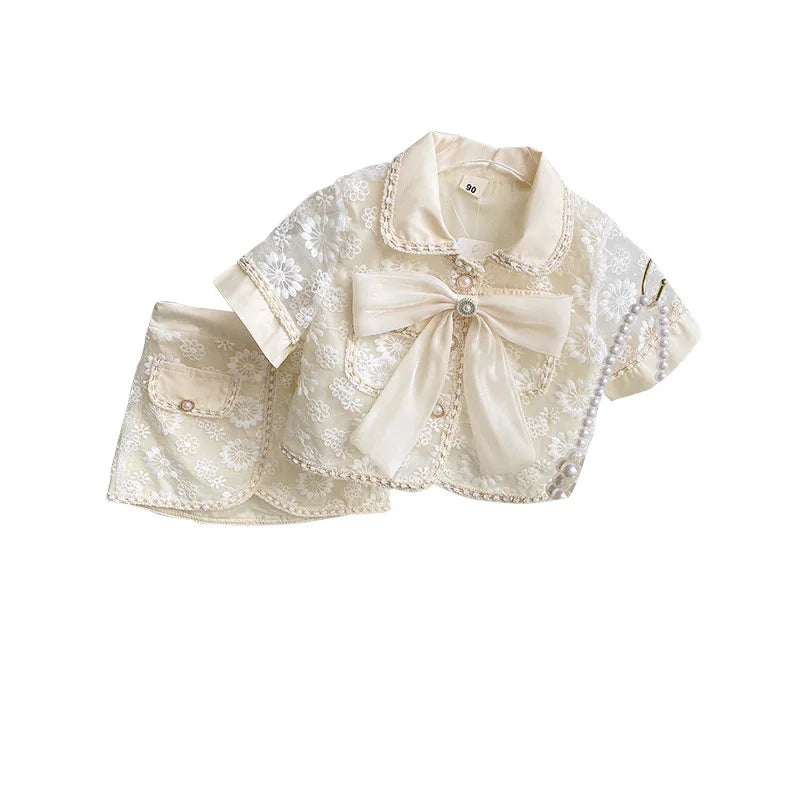 Girl's Lace Embroidery Blouse Shirt + Skirt 2pc Set