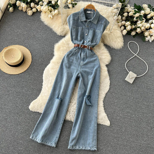 Ripped Loose Denim Jumpsuit Pocket Sleeveless Single Breasted Romper