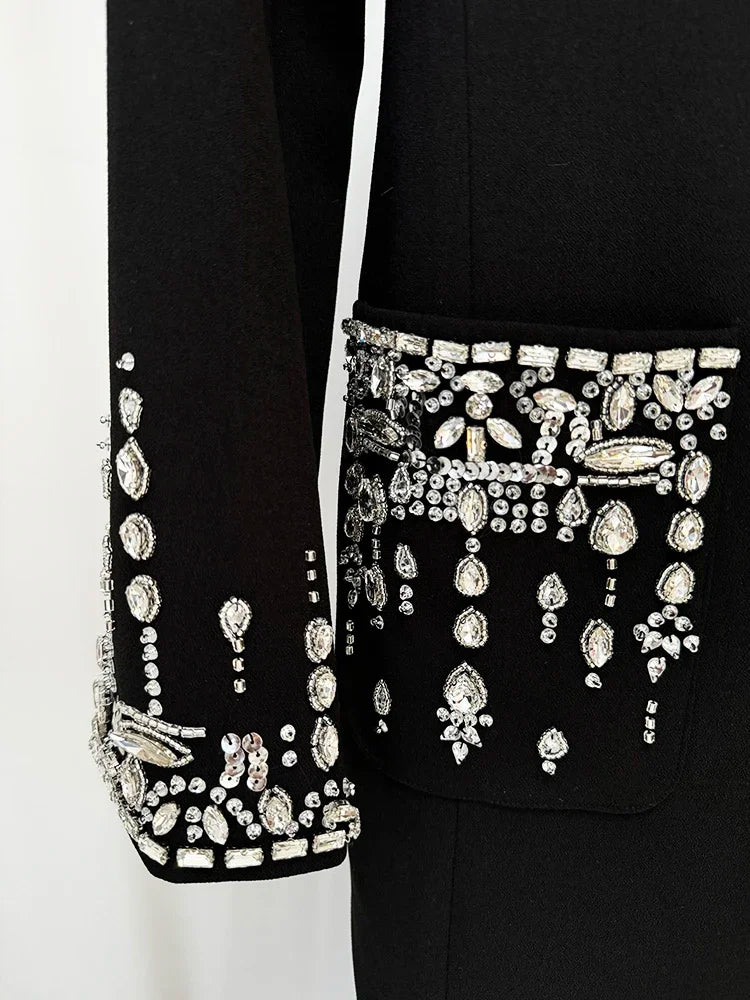 BLK Notched Trumpet Collar Rhinestone Diamond Beading Maxi Long Dress