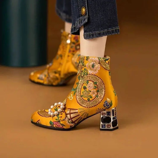 Embroidered Floral Genuine Leather Rhinestones Assorted Colors Crystal Block Heel Ankle Boots