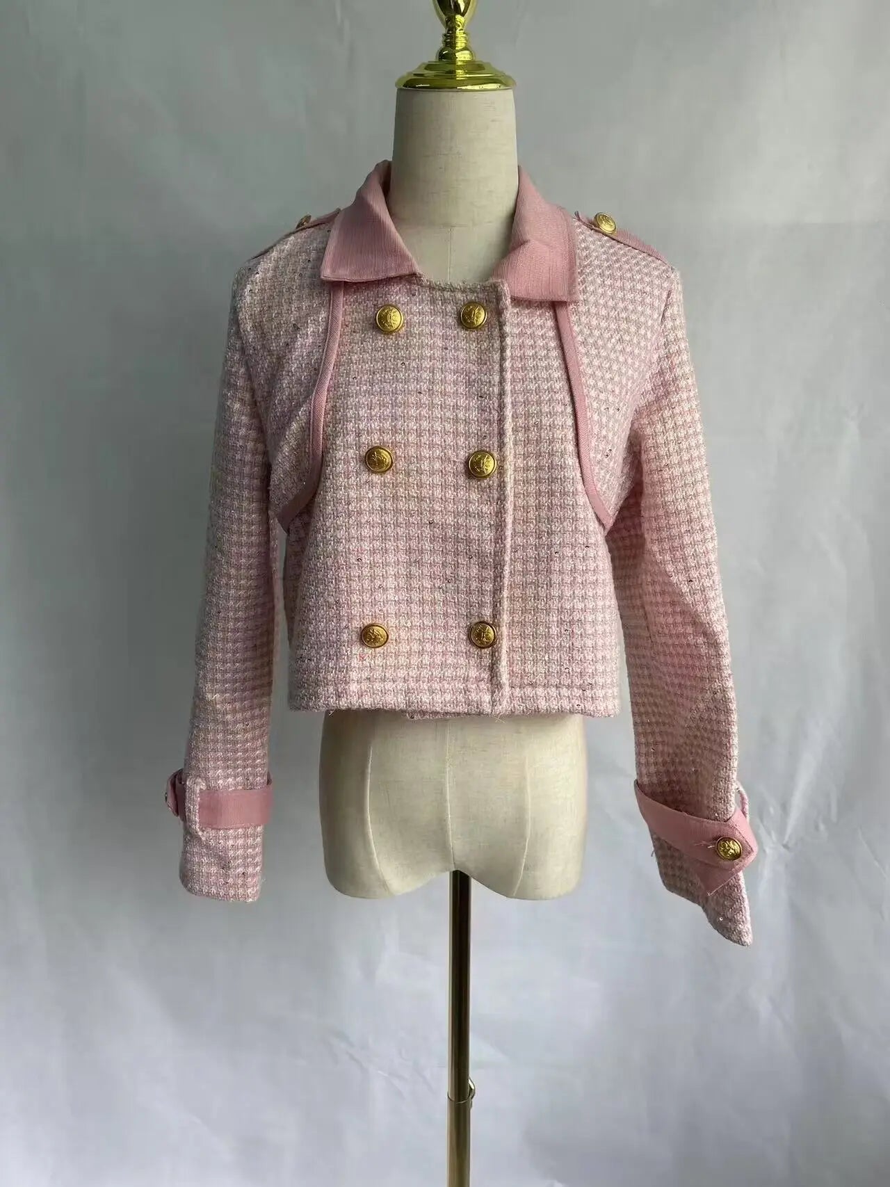 Pink Lapel Plaid Coat Tailored Woolen Tweed Jacket + Wide Leg Trouser 2pc Set