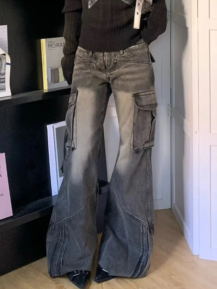 Retro Baggy Wide Leg Dark Grey Denim Women's Jeans