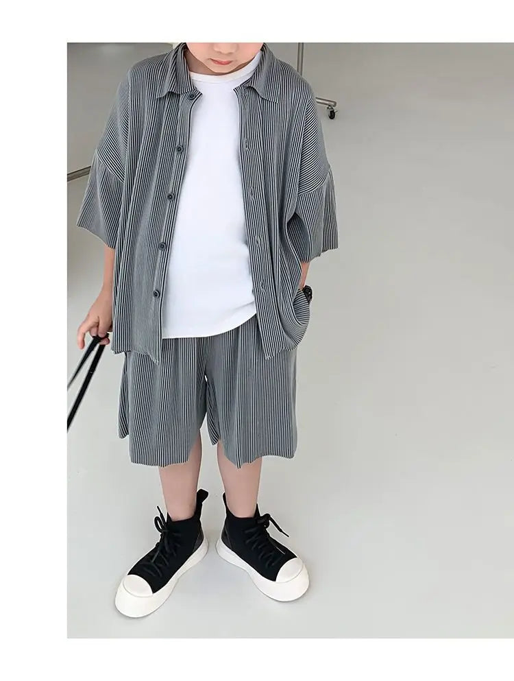 Boy's Thin Ribbed Loose Shirt + Shorts Casual 2pc Sets 2-12Y