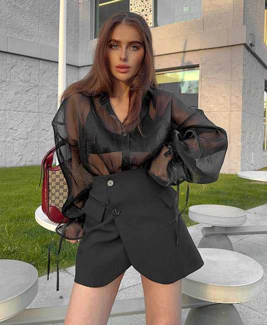 BLK Puff Sleeve Transparent Lace-Up Loose Blouse