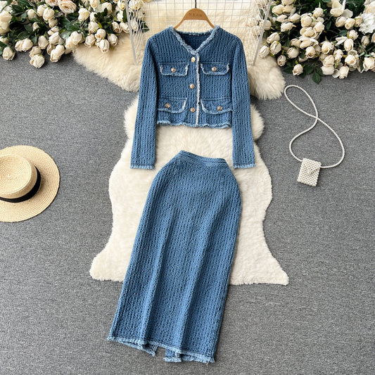 Blue Long Sleeve Blouse + Split Skirt 2pc Set