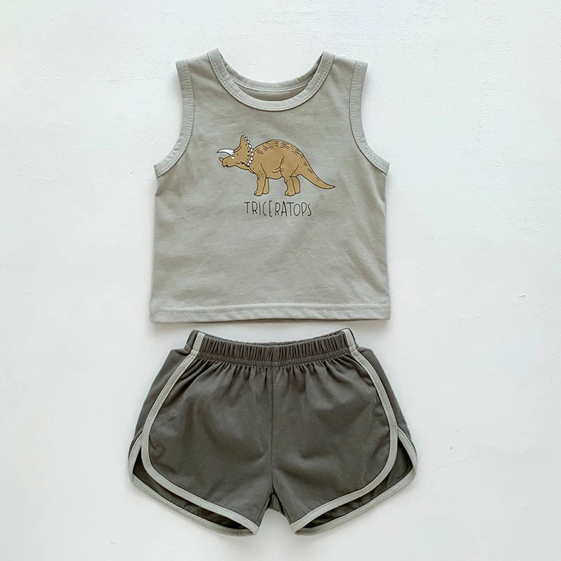 Sleeveless Cartoon Printed T-shirt+Shorts Toddler Baby Boys Girl Clothes Set