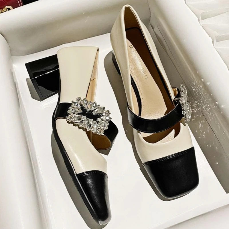 Rhinestone Square Toe Retro Chunky High Heel Pumps