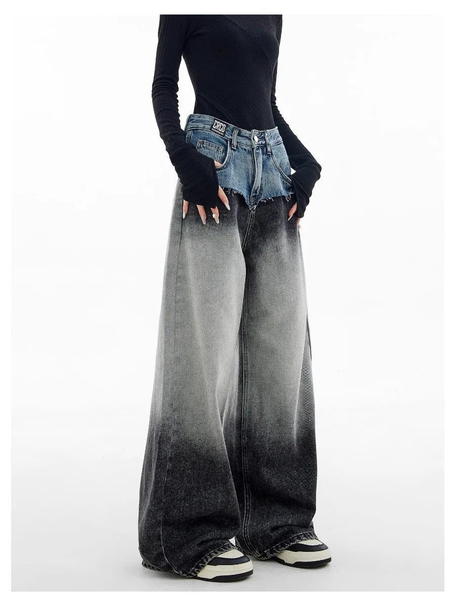 Women's Retro Two-Tone Wide Leg Baggy Denim Trousers