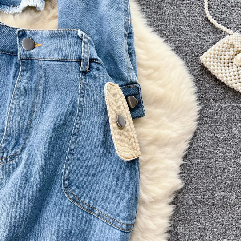 Denim Lapel Cropped Coat + Full-Length Skirt 2pc Set