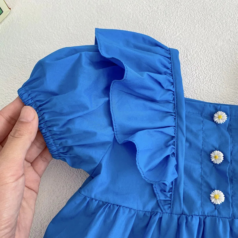 Blue Ruffled Sleeve Buttoned Bodysuit