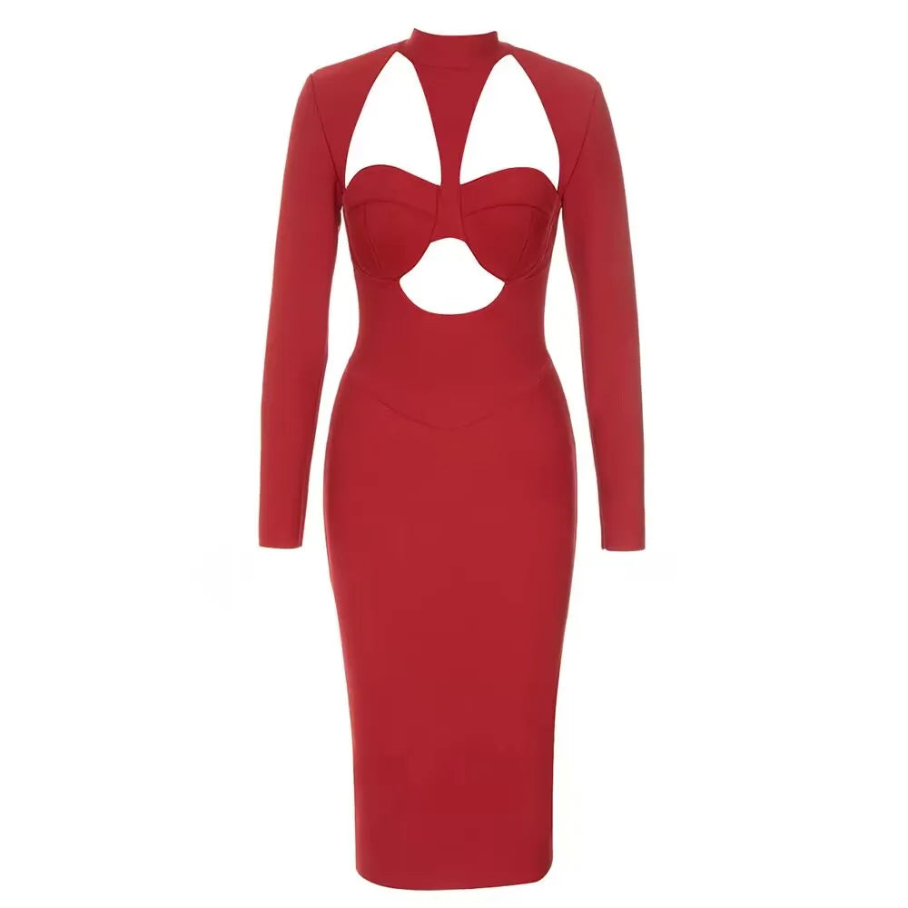 Red Hollow Out Pencil Long Sleeve Bodycon Dress