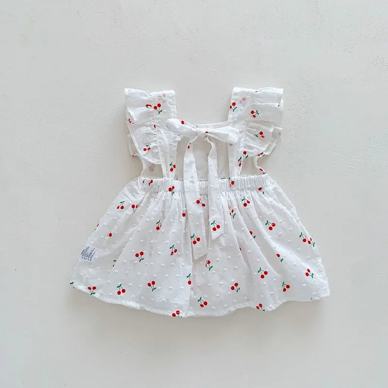 WHITE Cherry Princess Fly Sleeve Romper Newborn-2Y