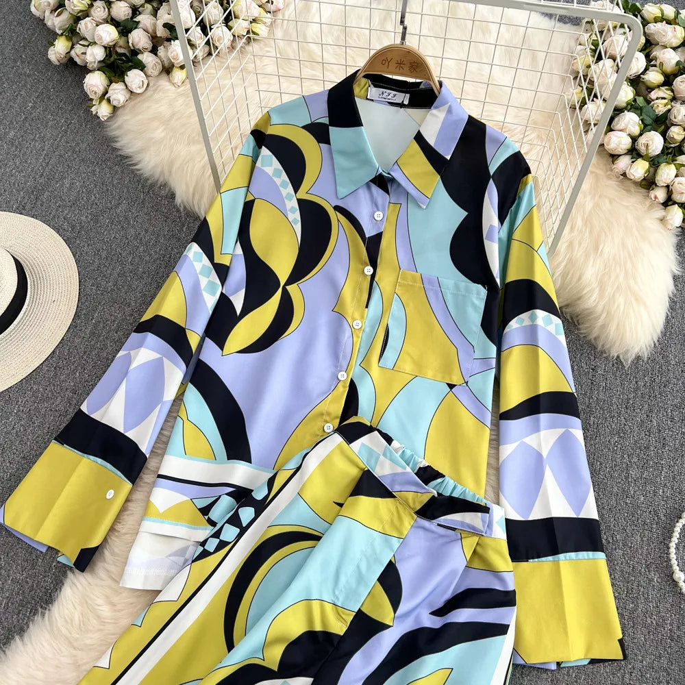 Thin Lapel Printed Long-sleeved Wide-leg 2pc Pijama Suit