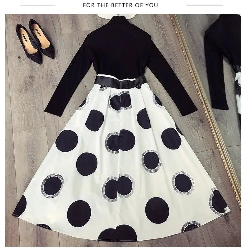 Polka Dot Vintage Print Retro Bows + Long Skirt Set