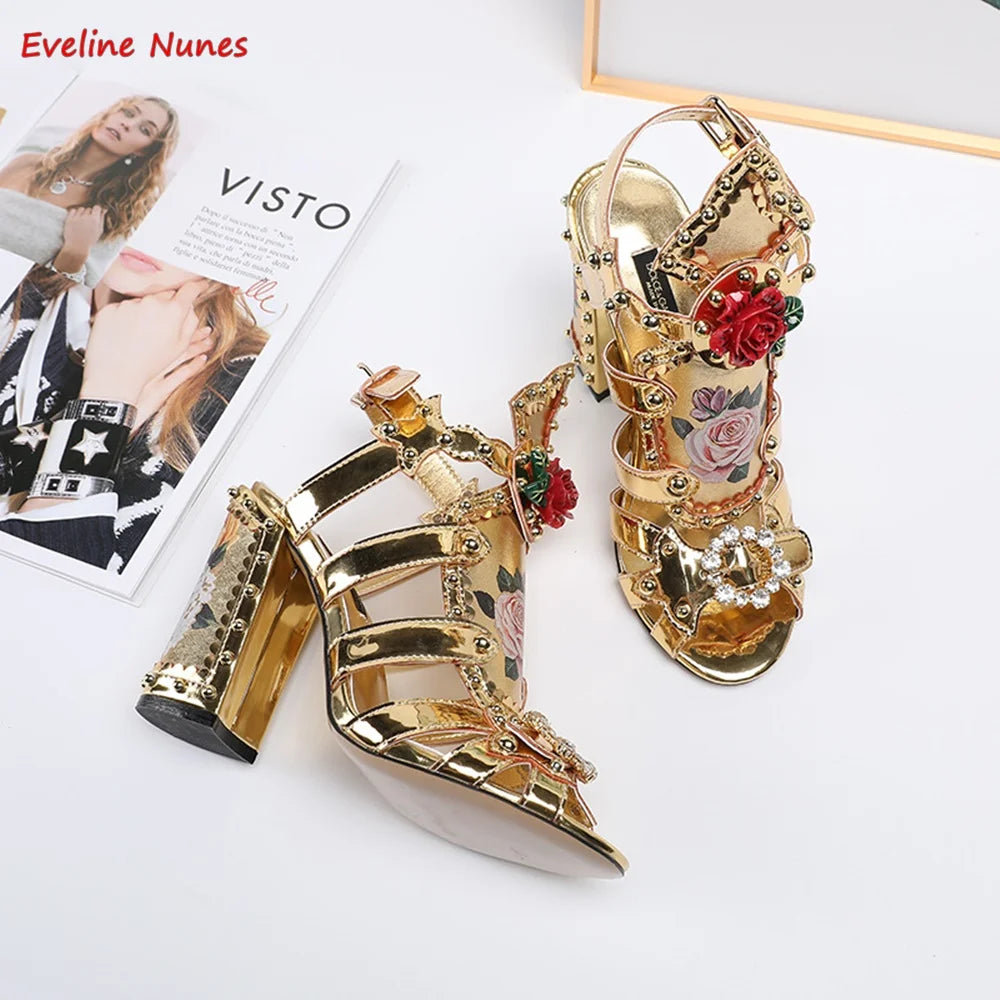 Gold Rhinestones Thin Round-Toe Ankle Strap Women's High Heels